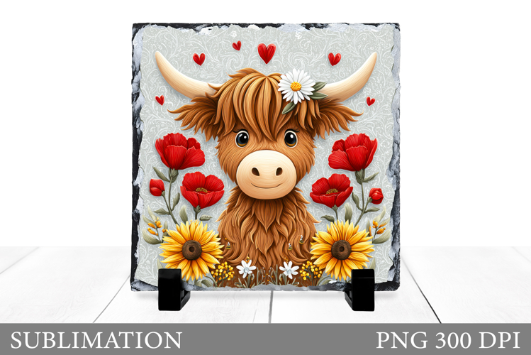 Cow Flowers Slate Design. Highland Cow Sublimation