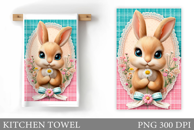Cute Bunny Kitchen Towel. Bunny Flowers Kitchen Towel Design