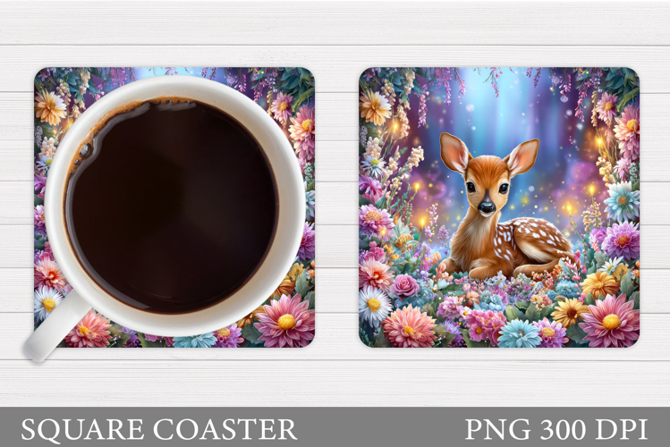 Cute Deer Coaster Sublimation. Deer Flowers Coaster Design
