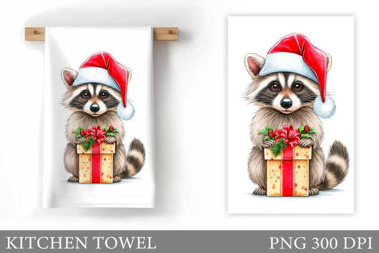 Christmas Raccoon Kitchen Towel. Christmas Kitchen Towel