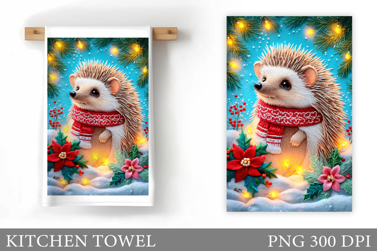 Christmas Hedgehog Kitchen Towel. Christmas Kitchen Towel