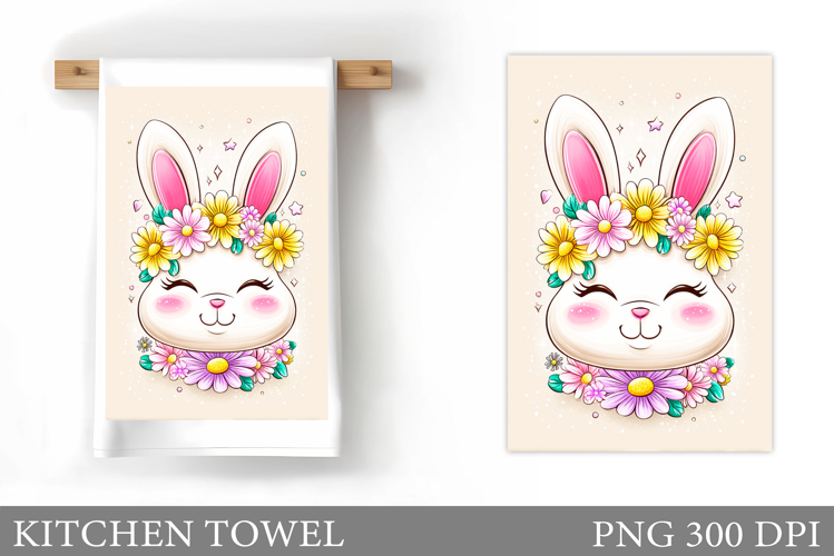 Cute Bunny Kitchen Towel. Bunny Flowers Kitchen Towel Design