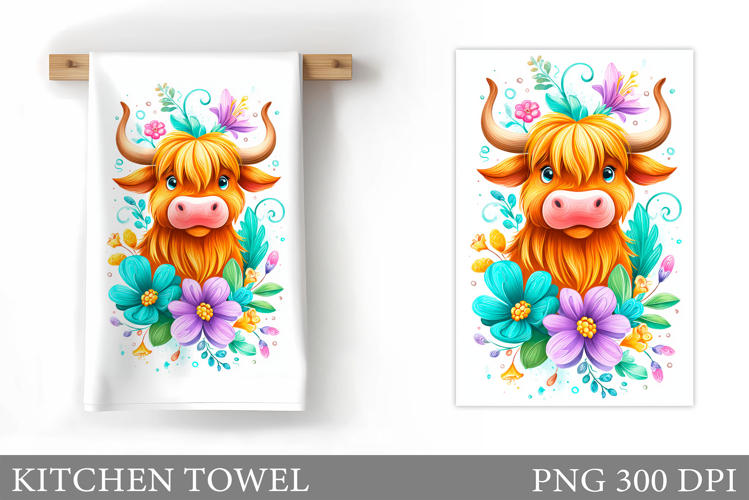 Highland Cow Kitchen Towel. Cow Flowers Kitchen Towel Design