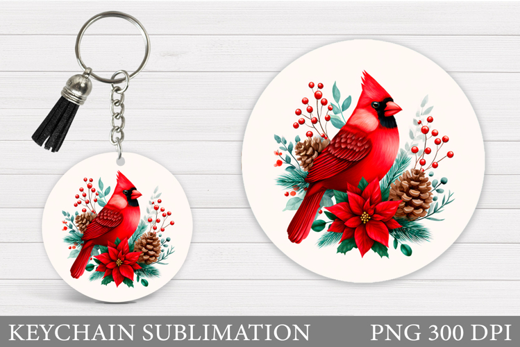 Cardinal Keychain Sublimation. Winter Bird Round Keychain