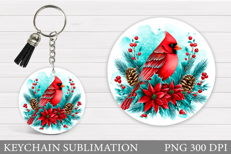 Cardinal Keychain Sublimation. Winter Bird Round Keychain