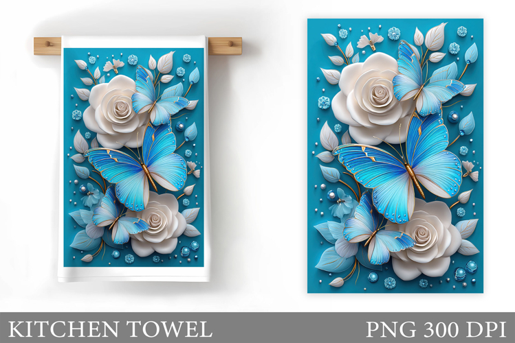 Butterfly Kitchen Towel. Flowers Kitchen Towel Sublimation example image 1