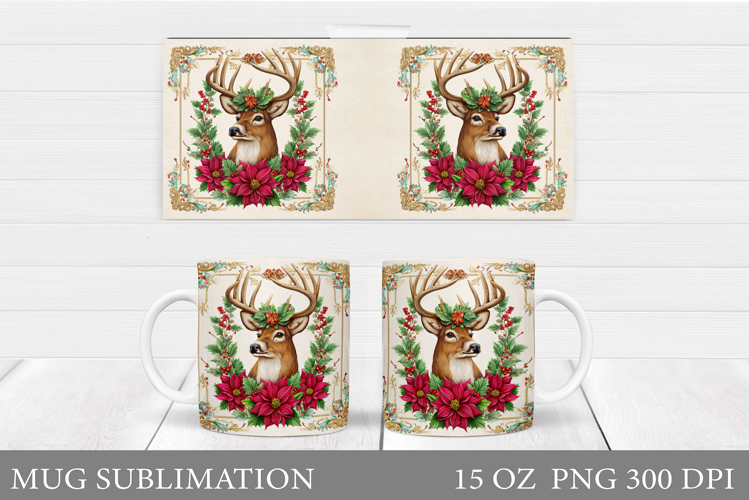 Reindeer Mug Wrap Design. Christmas Mug Sublimation