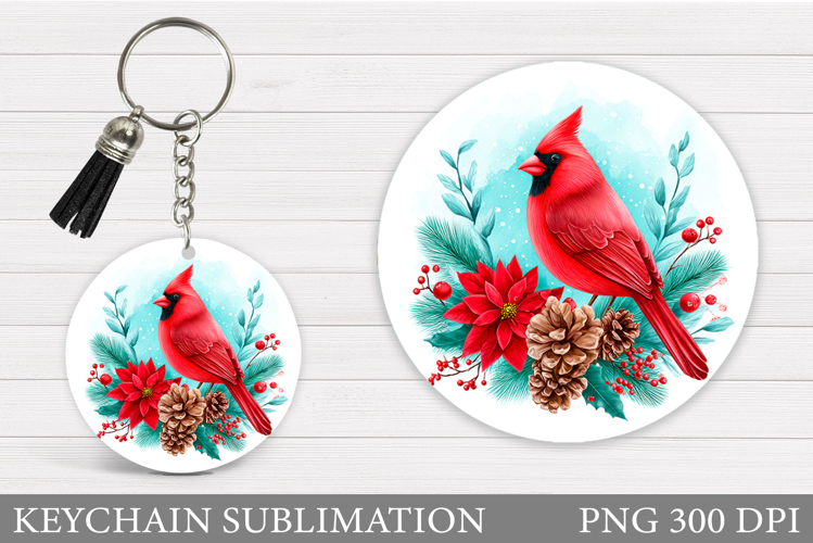 Cardinal Keychain Sublimation. Winter Bird Round Keychain