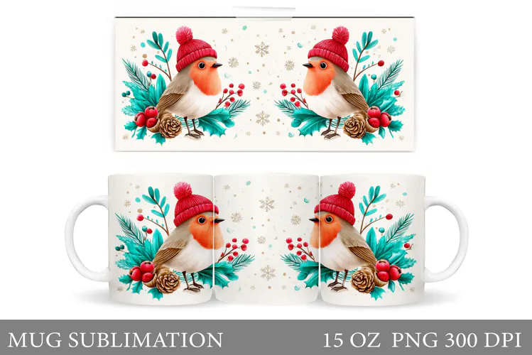 Christmas Bird Mug Design. Christmas Mug Sublimation