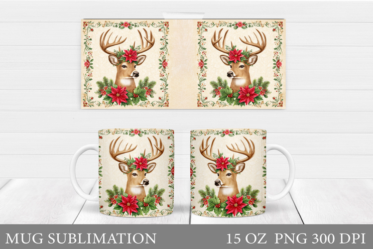 Reindeer Mug Wrap Design. Christmas Mug Sublimation