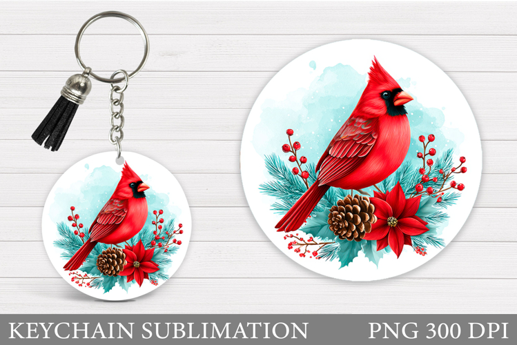 Cardinal Keychain Sublimation. Winter Bird Round Keychain