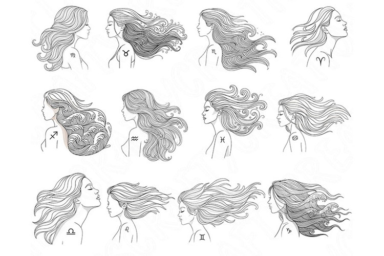 Zodiac Woman Silhouette Bundle, Astrology Png Set, Celestial