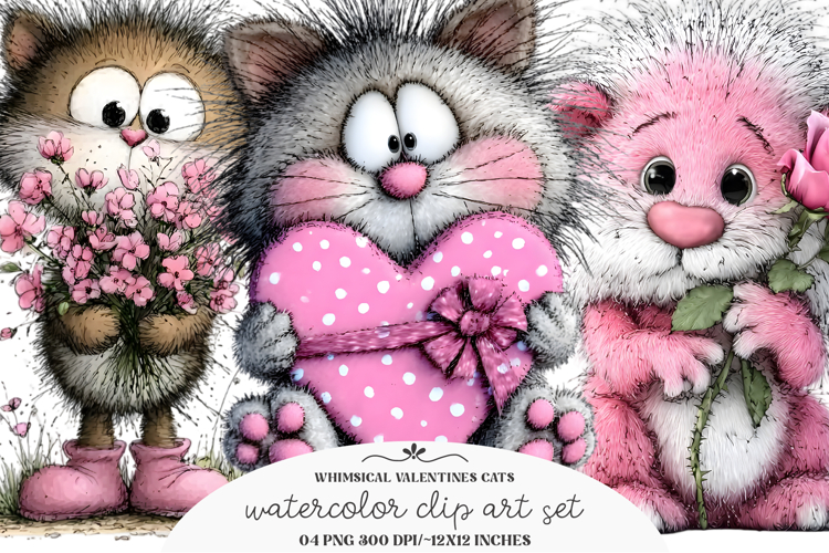 Whimsical Valentines Cats Clipart