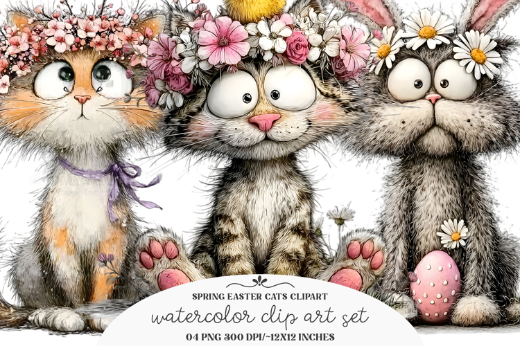 Whimsical Spring Easter Cats Clipart