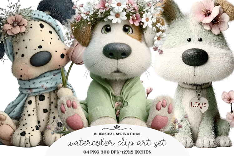 Whimsical Spring Dogs Clipart