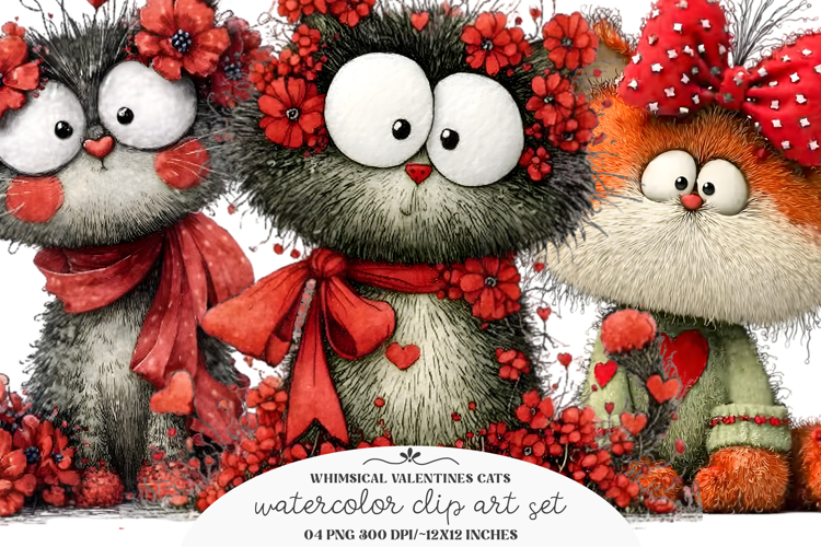 Whimsical Valentines Cats Clipart