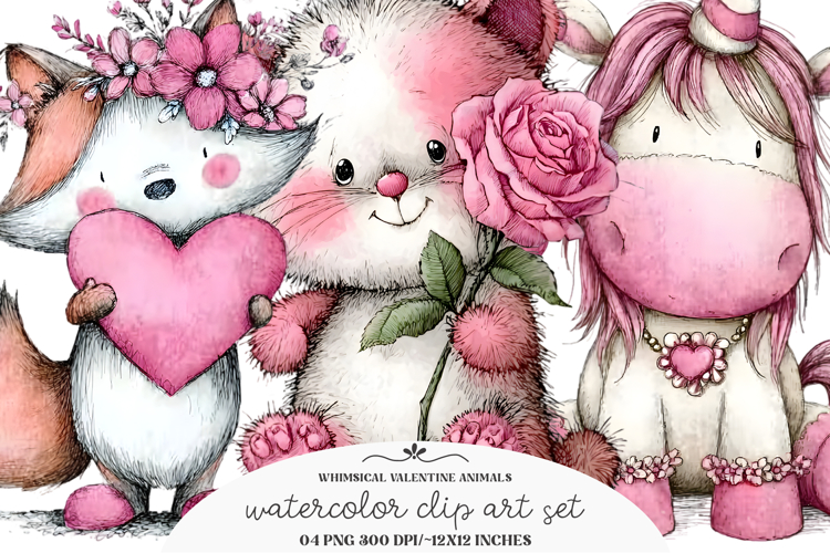 Whimsical Valentine Animals Clipart
