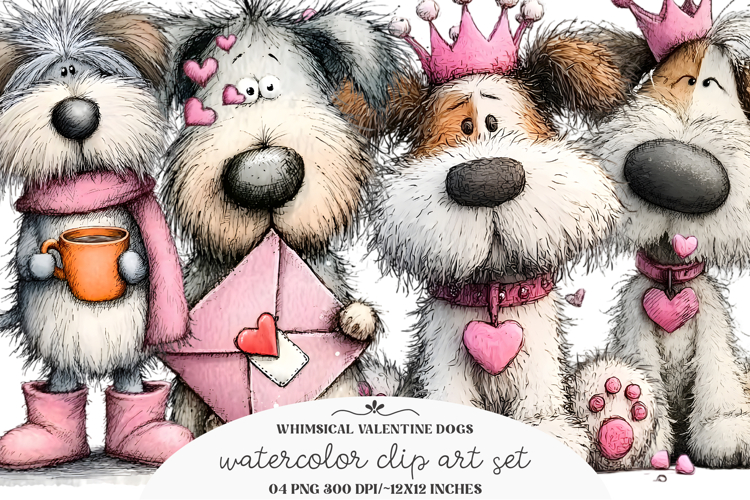 Whimsical Valentine Dogs Clipart