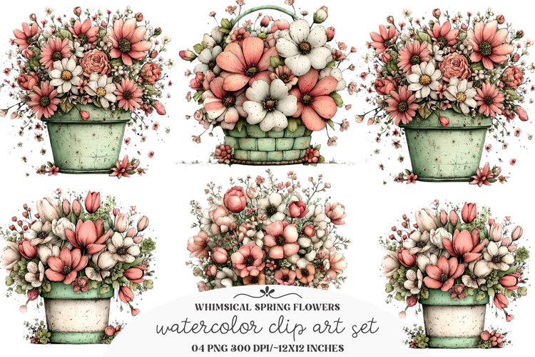 Whimsical Spring Flowes Busket Clipart