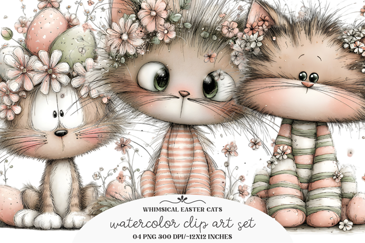 Whimsical Easter Cats Clipart