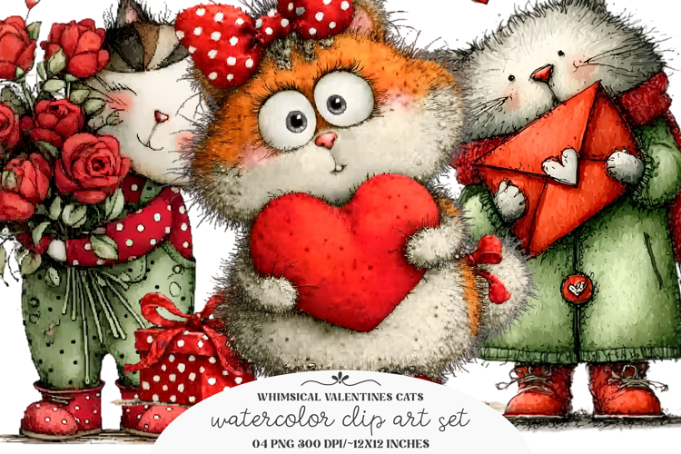 Whimsical Valentines Cats Clipart , Valentines Cats Png