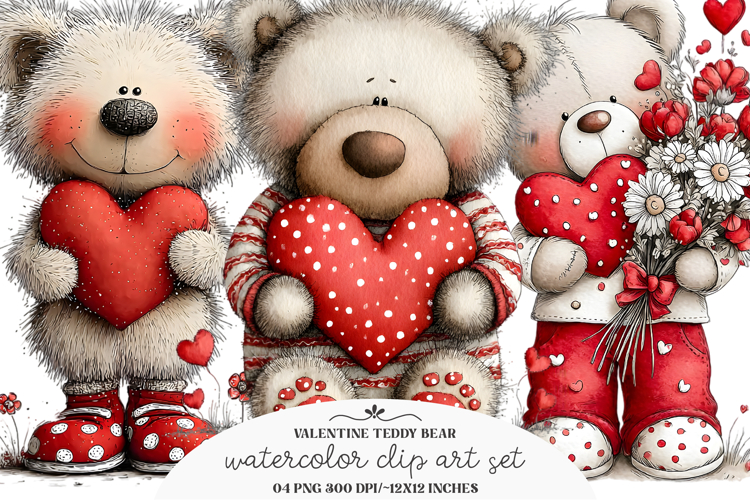 Watercolor Valentine Teddy Bear Clipart