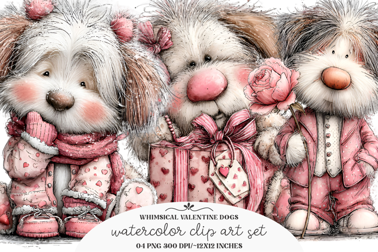Whimsical Valentine Dogs Clipart