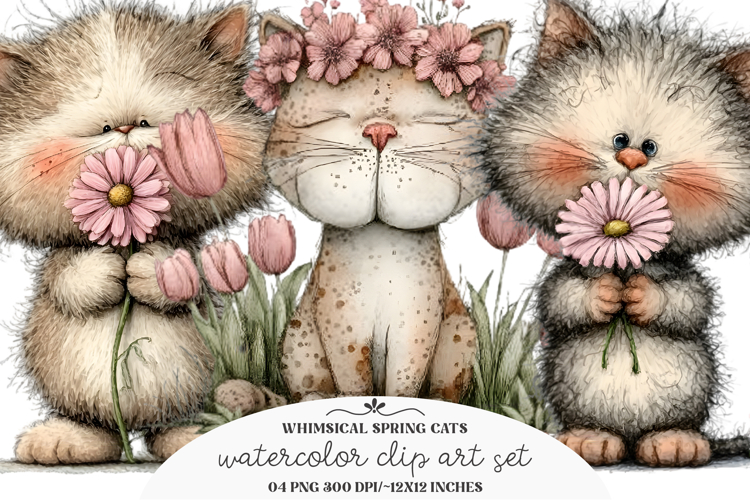 Whimsical Spring Cats Clipart