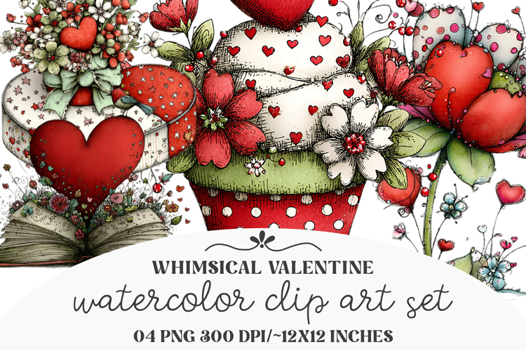 Whimsical Watercolor Valentine Clipart