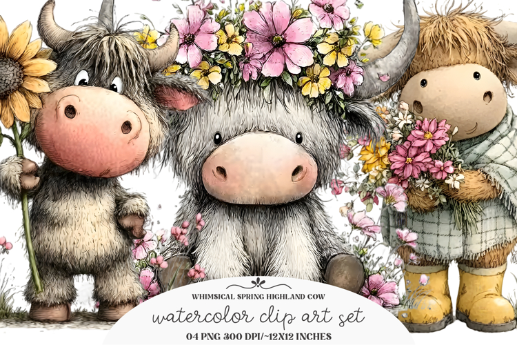 Whimsical Spring Highland Cow Clipart