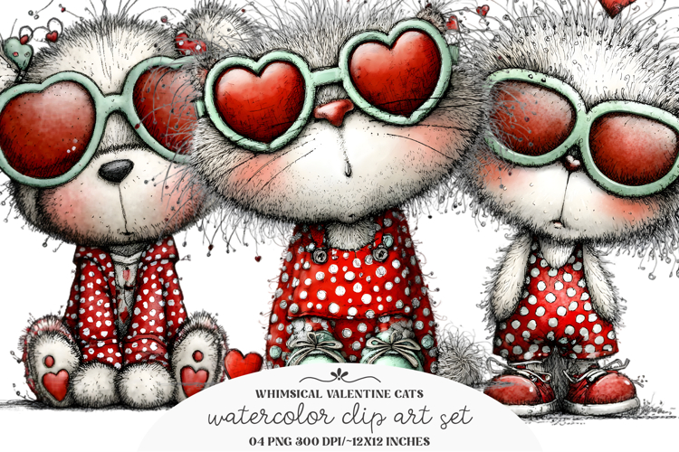 Whimsical Valentine Cats Clipart
