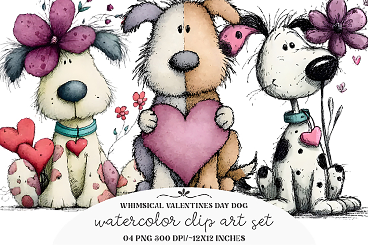 Whimsical Valentines Day Dog Clipart