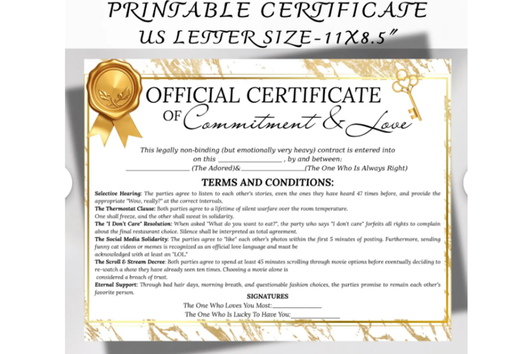 Funny Love Contract Certificate Printable PDF