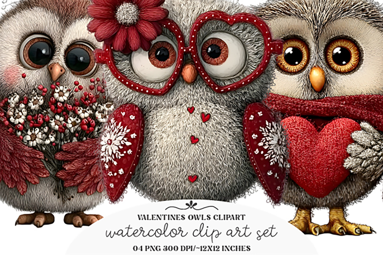 Whimsical Valentines Owls Clipart