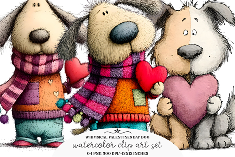 Whimsical Valentines Day Dog Clipart