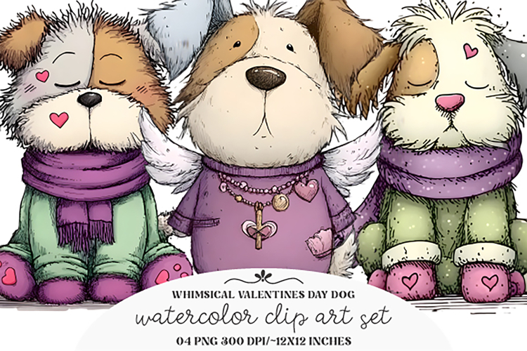 Watercolor Valentines Day Dog Clipart