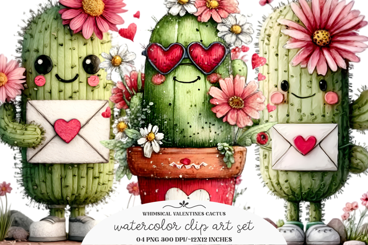 Whimsical Valentines Cactus Clipart