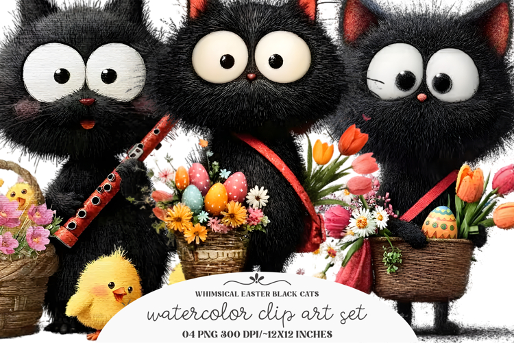 Whimsical Easter Black Cats Clipart
