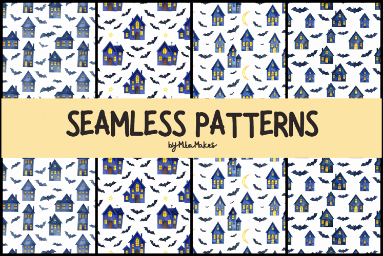 Watercolor Haunted Village - Halloween Seamless Patterns