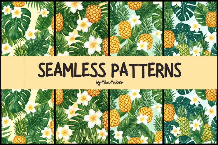 Tropical Pineapple and Plumeria Seamless Patterns