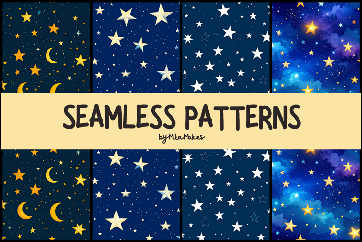 Midnight Stars and Moonlit Sky Seamless Patterns