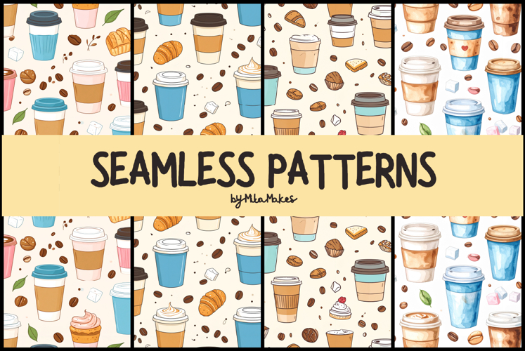 Cute Coffee Cups and Pastries Seamless Patterns