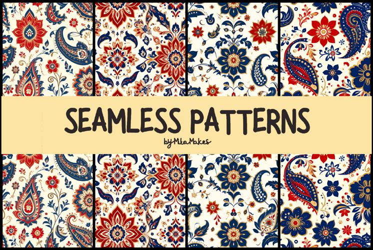Red and Blue Paisley Floral Seamless Pattern