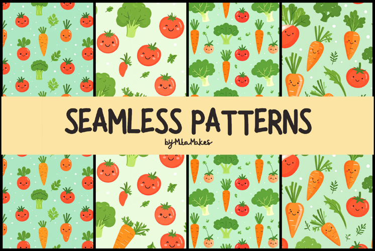 Kawaii Cute Vegetable Faces Seamless Patterns