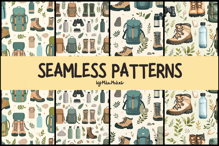 Camping Adventure Hiking Gear Seamless Patterns