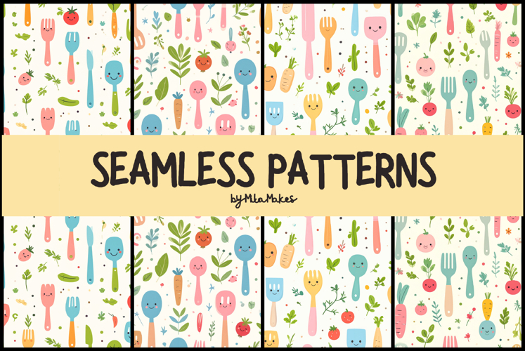 Cute Kitchen Utensils and Veggies Seamless Pattern