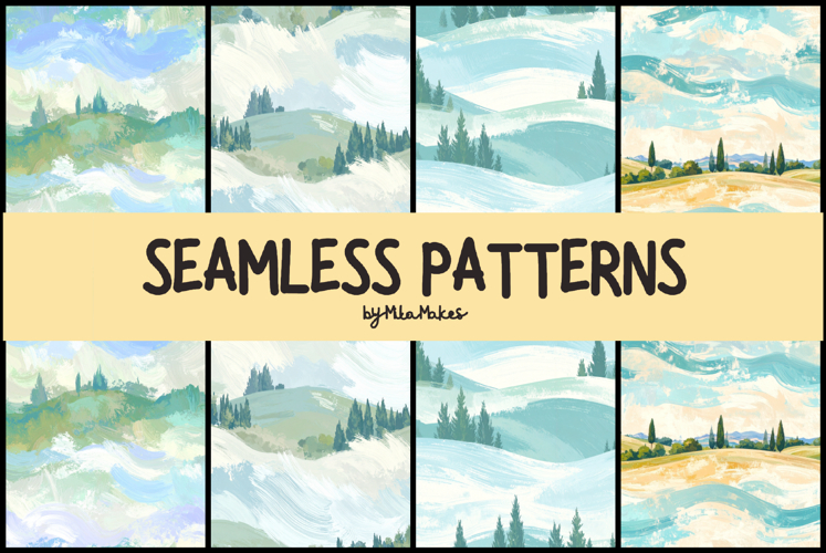 Pastel Painted Countryside Landscape Seamless Patterns