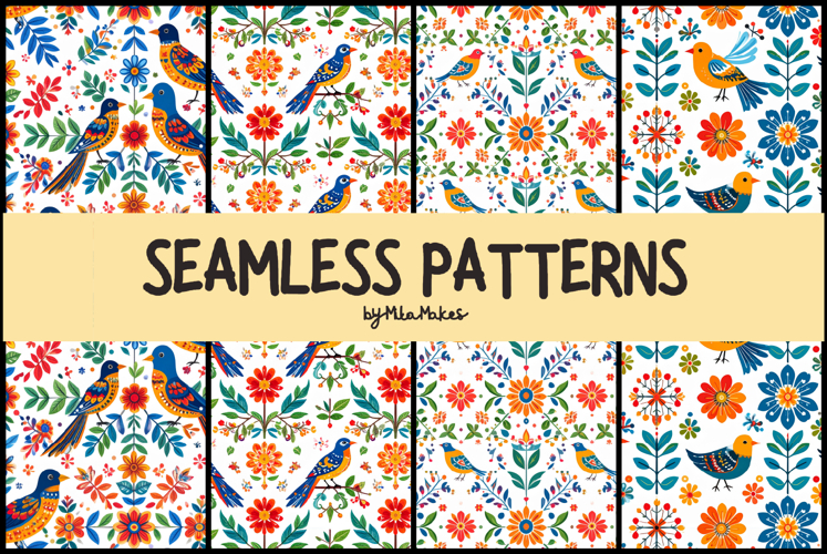 Folk Art Birds and Floral Seamless Pattern example image 1