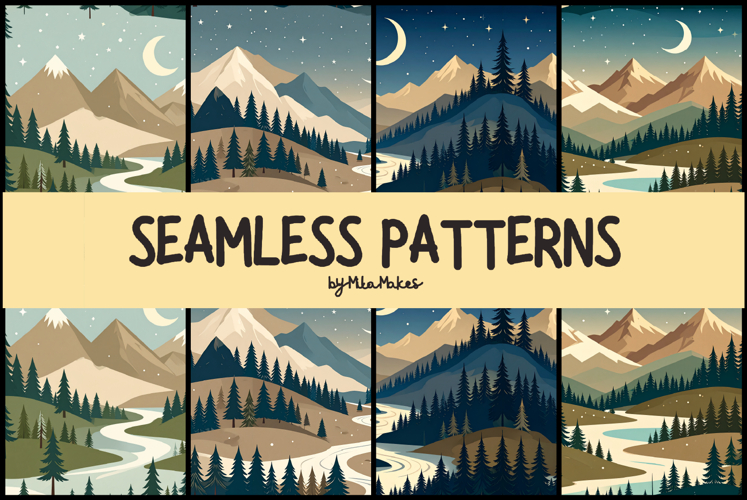 Mystic Mountain Landscape Night Seamless Pattern
