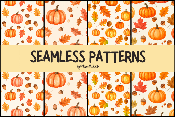 Watercolor Pumpkin and Autumn Leaves Seamless Patterns